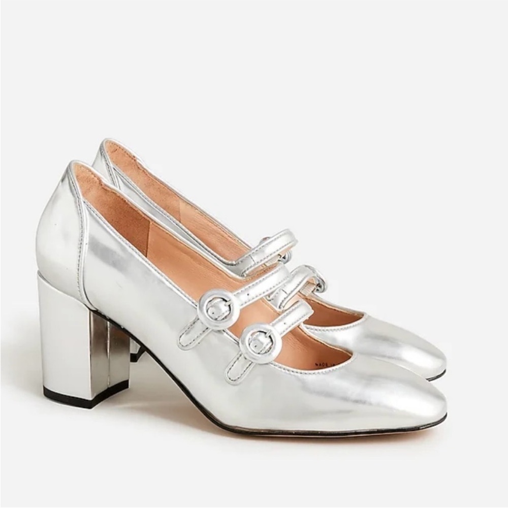 NIB J. Crew Maisie Double Strap Heels Metallic Leather Silver Size 6.5